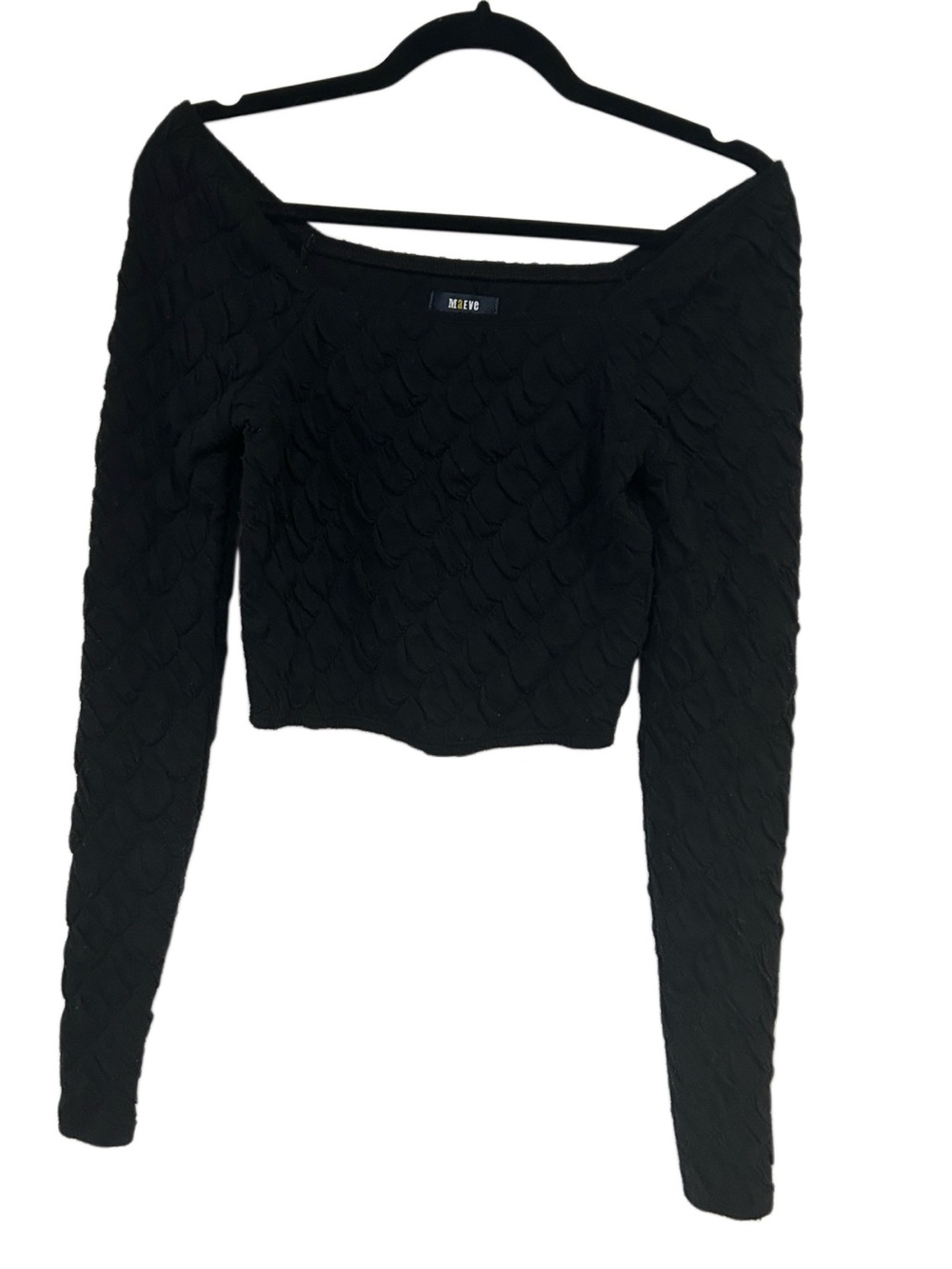 Maeve by Anthropology Black Textured Long Sleeve Crop Top XXS